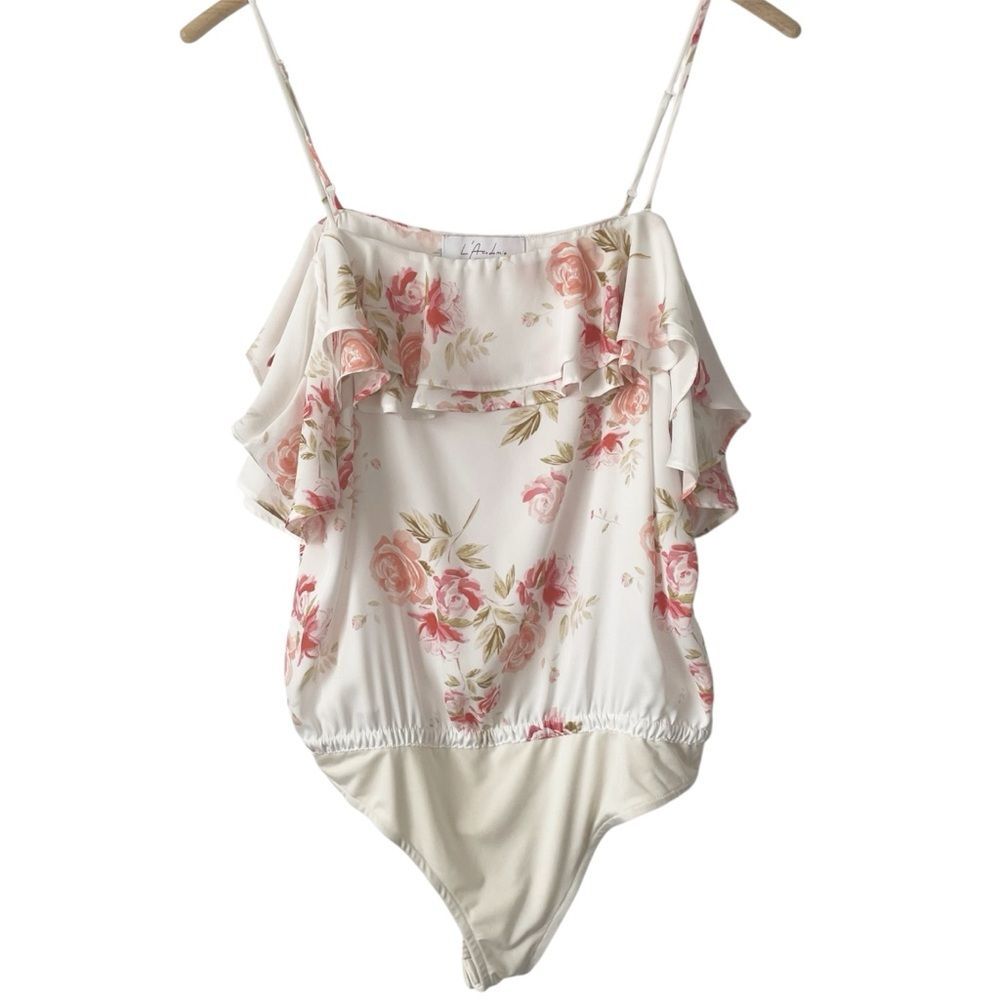 L'Academie Floral Ruffle Bodysuit in Pink and Cream Romantic Cottagecore Summer